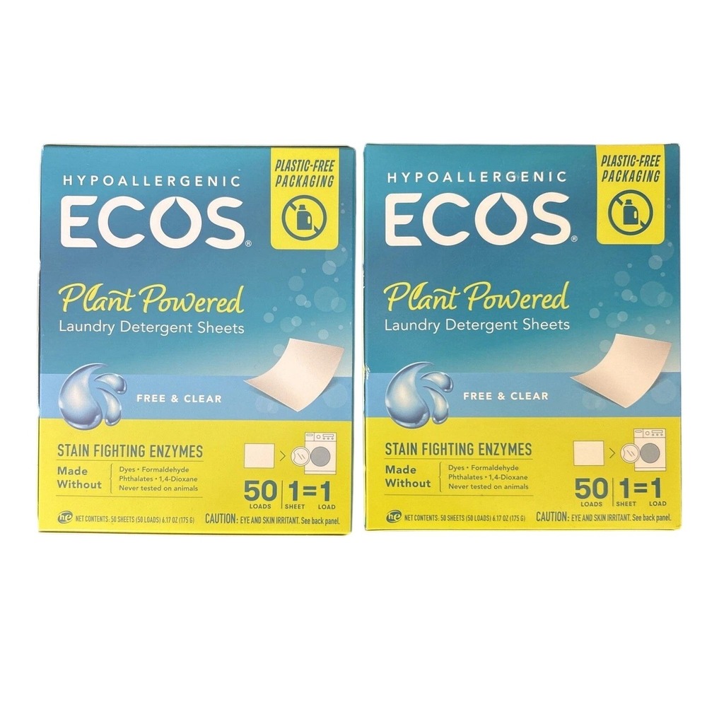 ECOS Plant Powered Laundry Detergent Sheets Free & Clear 2 Pack 100 Loads Total